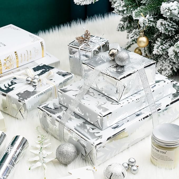 MAYPLUSS Christmas Wrapping Paper Roll - Mini Roll - 17 inch X 120 inch Per roll - Silver Bear, Snowflkes with Glitter Gold Foil Design(42.3 sq.ft.ttl)