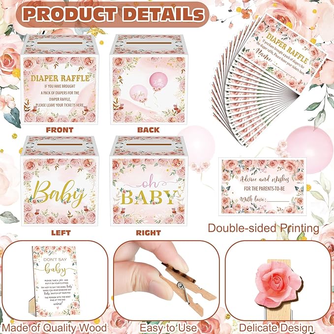 102 Pcs Floral Baby Shower Game Supplies Diaper Raffle Tickets with Diaper Raffle Card Box Don't Say Baby Sign Mini Floral Clothespin Game Decor for Gender Reveal Favor
