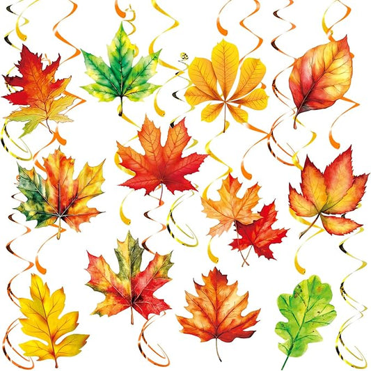 30Pcs Fall Maple Leaf Hanging Swirls, Thanksgiving Ceiling Hanging Decorations Fall Leaves Swirls Streamers for Thanksgiving Autumn Harvest Party Supplies