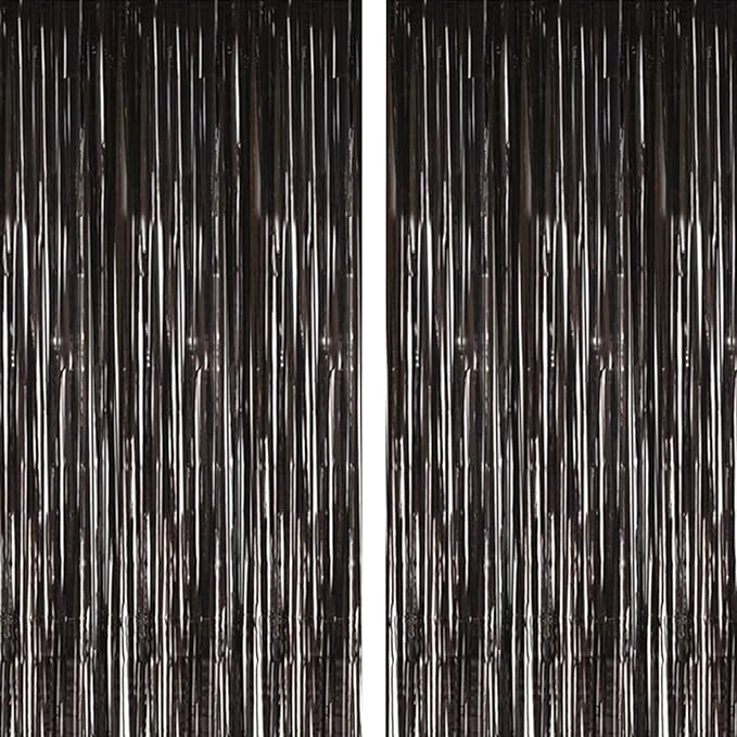 2 Pcs 3.2ft x 8.2ft Shiny Black Metallic Tinsel Foil Fringe Curtain Photo Booth Backdrop Props for Birthday Wedding Bridal Shower Baby Shower Celebration Bachelorette Party Decorations