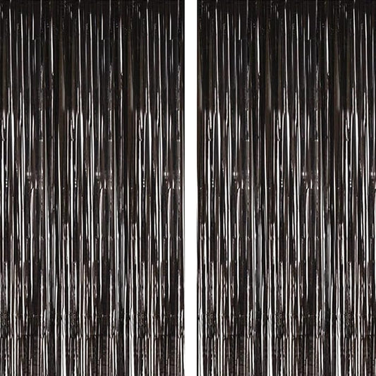 2 Pcs 3.2ft x 8.2ft Shiny Black Metallic Tinsel Foil Fringe Curtain Photo Booth Backdrop Props for Birthday Wedding Bridal Shower Baby Shower Celebration Bachelorette Party Decorations