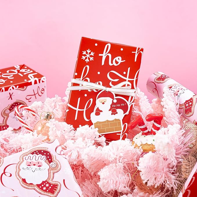 RUSPEPA Reversible Christmas Wrapping Paper Roll, Mini Roll, Adorable Santa Claus, Ribbon Design, Funny Red Ho Ho Ho Gift Wrap Paper Perfect for Girls, Family, Holiday Gifts, 17 Inches x 32.8 Feet