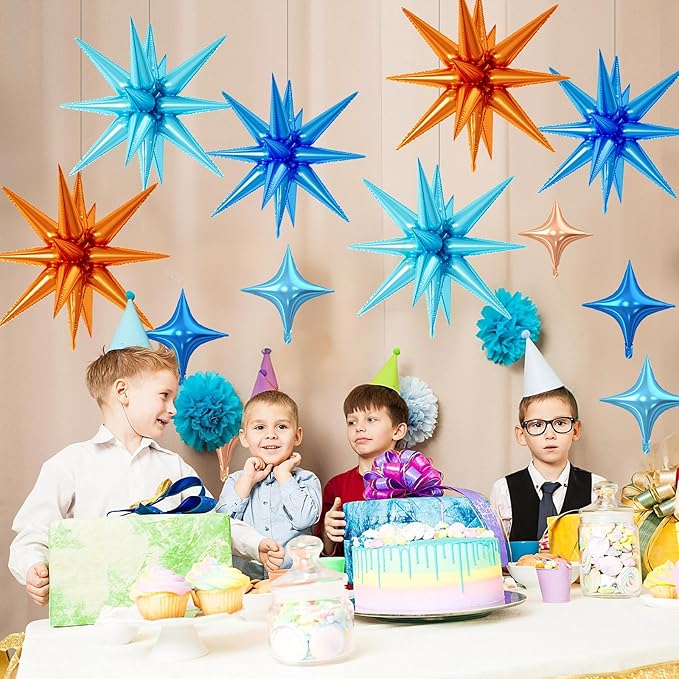 18 Pcs Blue and Orange Star Balloons, Orange and Blue Stars Foil Balloon with 6 Pcs 22-Inch Explosion Star Balloons 12Pcs 10-Inch Four Pointed Stars Balloon for Kids Birthday Party Decoration