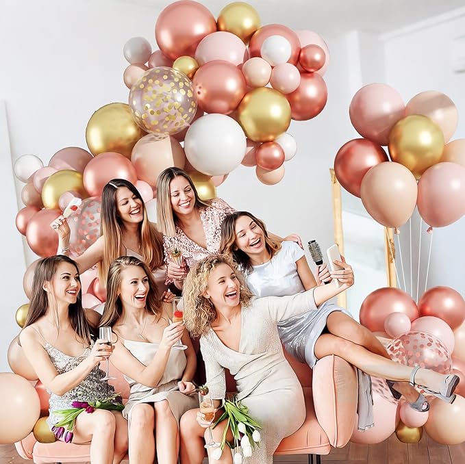 Rose Gold Balloon Arch Kit Nude Light Pink Gold Confetti Party Balloon Garland Metallic Pink White Pastel Orange Balloons for Women Princess Baby Shower Bridal Wedding Brithday Party Decor