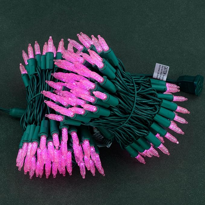 YULETIME Pink LED Faceted Christmas Lights 200 Count 50 ft, Pack of 2 Strands 25 ft 100 Lights UL Certified Commercial Grade Green Wire Mini Holiday String Light Set (Pink)