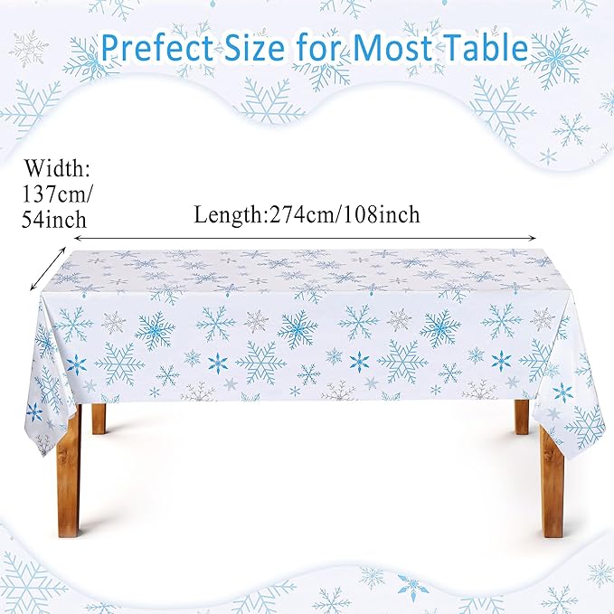 Mornajina 4 Pack 108 x 54 Inch Plastic Snowflake Tablecloths - Rectangle Disposable Xmas Tablecloths for Christmas Party Decoration