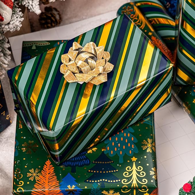 MAYPLUSS Christmas Wrapping Paper - 17 In x 120 In Per Roll - Vintage Navy Snowflake, Emeraled Green Chritmas Tree & Gold Stripe Design Holiday Gift Wrap w/Metallic Foil Shine for Festive Celebration