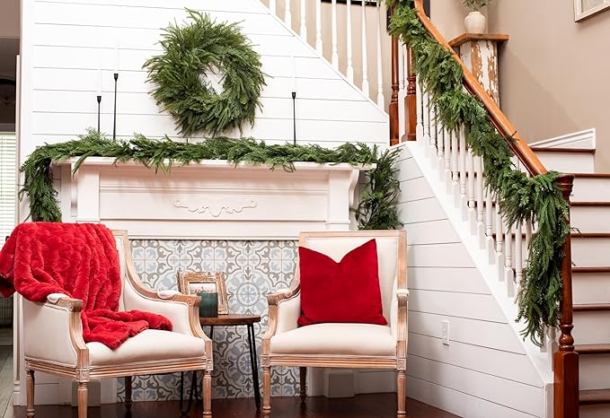 Mixed Norfolk Pine Garland with Evergreen, and Cedar Garland Artificial Realistic Greenery Branches for Decoration, Christmas Garland for Mantle, Premium Real Touch (6 Foot)