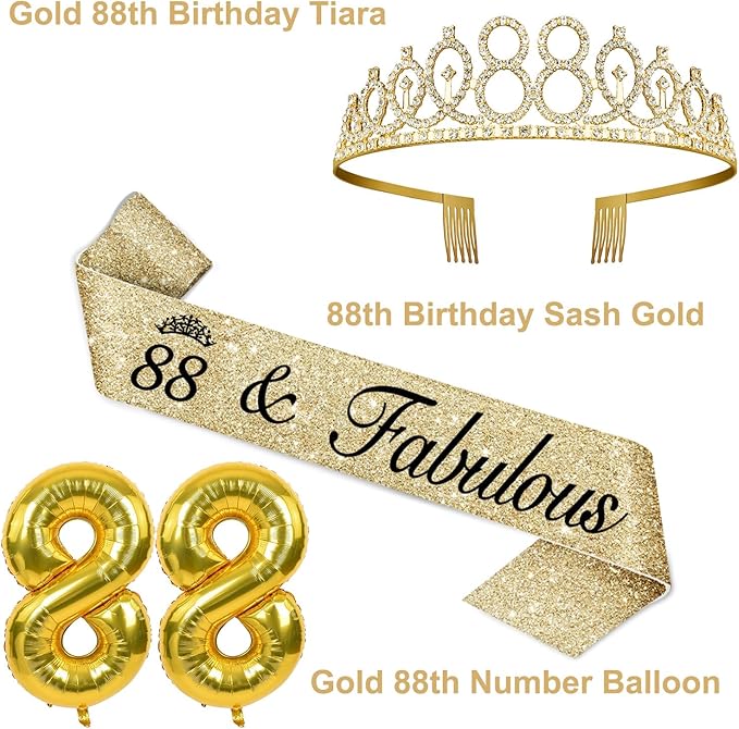 88th Birthday Decorations for Women Gold with 88th Birthday Sash and Tiara, Cake Topper and Candles, Number Balloons, 88 Year Old Gifts for Women