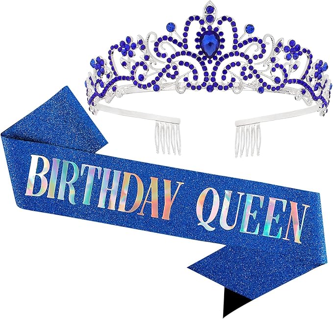 Velscrun Happy Birthday Queen Blue Silver Tiara Crowns for Women, Sash, Party Favors Supplies Gift for Her, 50th Party Decorations, Stuff Accessories