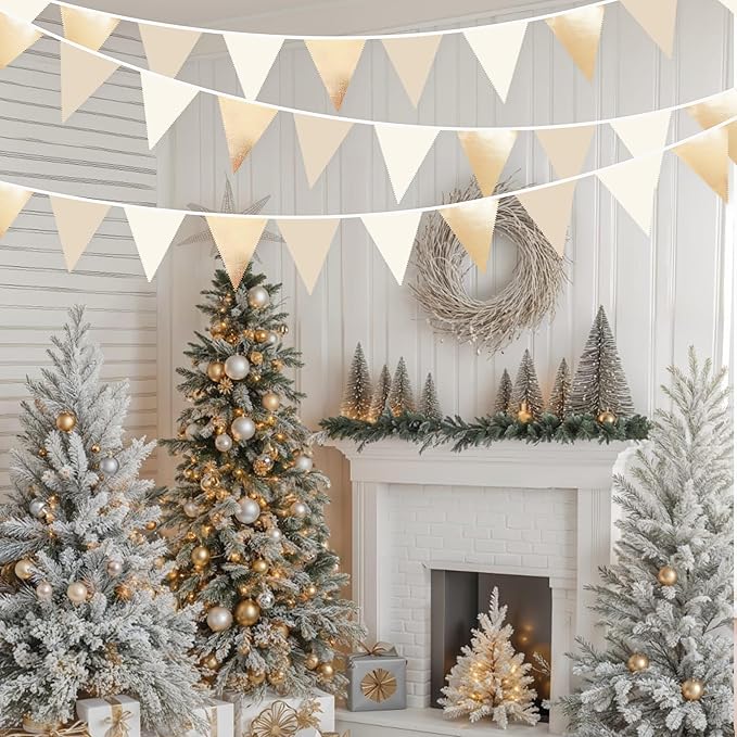 32Ft Champagne Gold Party Decorations Metallic Champagne Gold Beige Fabrci Pennant Banner Triangle Flag Garland Streamers for Birthday Anniversary Wedding Baby Bridal Shower Martini Party Supplies