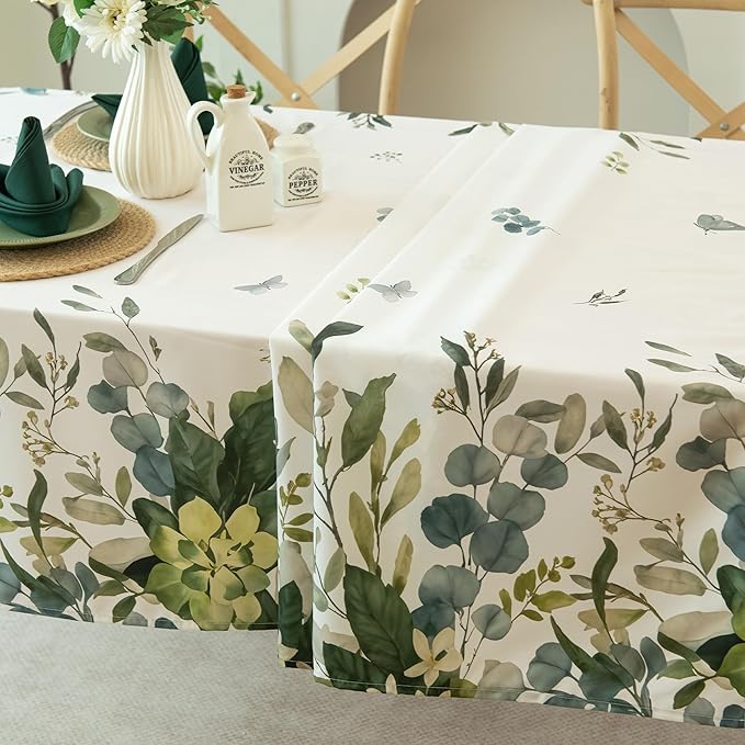 Summer Spring Tablecloth – Waterproof, Stain Resistant, Eucalyptus Floral Design for Dining, Kitchen, Outdoor, Picnic, Easy Clean, Vibrant and Durable Boho Home Decor, W60 x L144