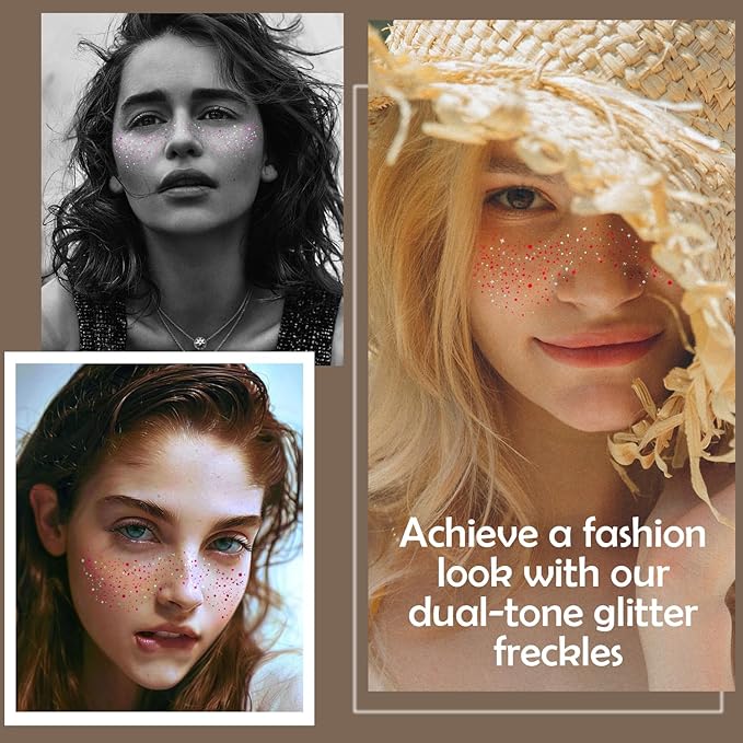 10 Pcs Rose-Silver Laser Glitter Freckles, Rose and Silver Glitter Freckles Face Tattoo, Waterproof Face Sparkle Freckles, Long-lasting 48h Temporary Tattoos for Women