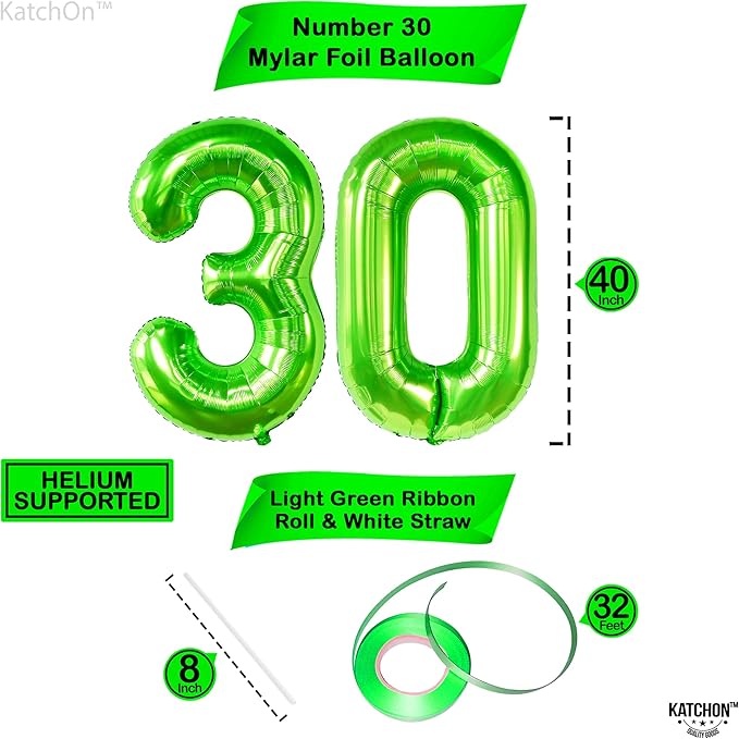 KatchOn, Light Green 30 Number Balloon - 40 Inch | Mylar Green 30 Balloon Number, 30th Birthday Decorations | Number 30 Balloons for Birthdays | 30 Number Balloon, 30th Anniversary Party Supplies