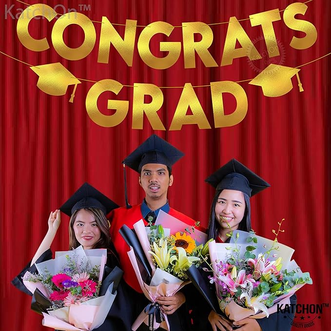 KatchOn, Glitter Gold and Black Congrats Grad Banner - 10 Feet | Gold and Black Grad Banner, Cap Garland for Graduation Cap Decorations 2025 | Graduation Decorations 2025