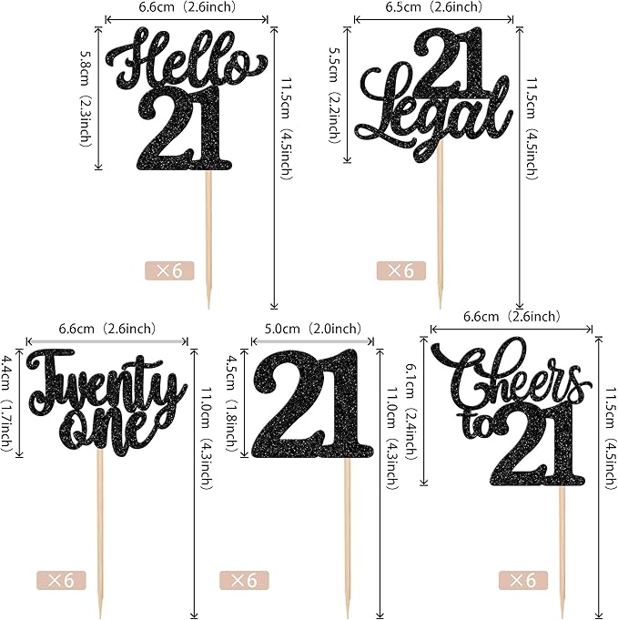 30PCS Happy 21st Birthday Cupcake Toppers Glitter Twenty One Legal 21 Hello 21 Cupcake Picks Cheers to 21 Birthday Decorations for 21st Birthday Anniversary Party Cake Decoration Supplies Black