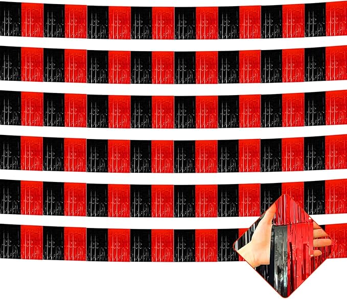6 Pack 10 Feet Foil Fringe Garland Metallic Tinsel Streamers Banner Wall Hanging Backdrop for Parade Floats, Bachelorette, Casino Viva Las Vegas Game Night Birthday Party Decorations(Black Red)