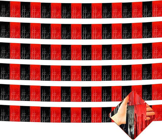 6 Pack 10 Feet Foil Fringe Garland Metallic Tinsel Streamers Banner Wall Hanging Backdrop for Parade Floats, Bachelorette, Casino Viva Las Vegas Game Night Birthday Party Decorations(Black Red)