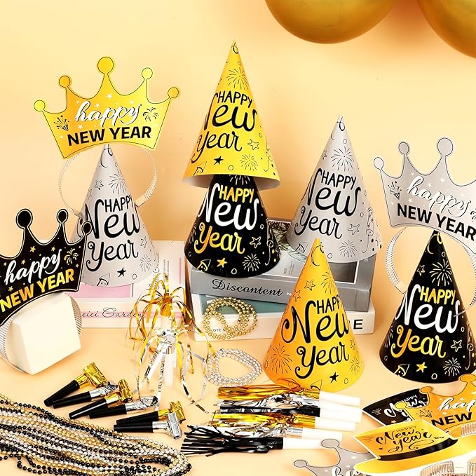 84Pcs New Year’s Eve Party Supplies for 24 Guest Black Gold Wearables Noisemakers 2026 Happy New Year Party Decoration include Cone Hats Tiaras Tassel Squawkers Beaded Necklace Great Party Favors