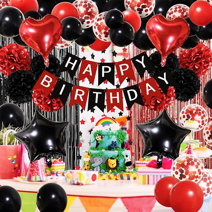 ZERODECO Red Black Birthday Party Decorations, Happy Birthday Banner Pompoms Balloon Arch Fringe Curtain Party Décor for Baby Girls Women Black and Red Party