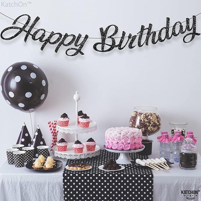 KatchOn, Glitter Black Happy Birthday Banner - Pre-Strung No DIY,10 Feet | Birthday Decorations for men, Women | Hbd Banner Backdrop For Black Party Decorations, Halloween Decorations