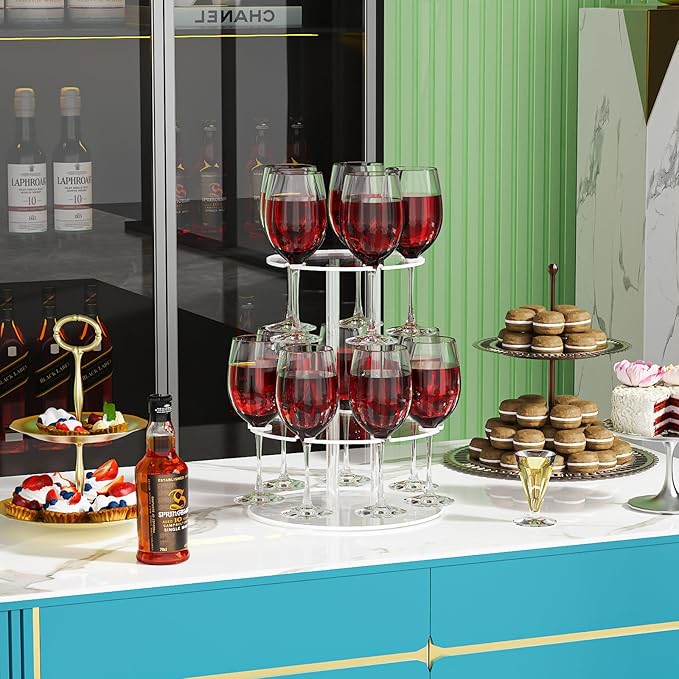Champagne Tower, Circle Acrylic Drink Tower and Cocktail Tree Stand, Wine Rack with 12 Slots, 2 Tiers Floating Sight Champagne Flute Holder for Party, Wedding, School, Celebration, 11.8x11.8x14.9 inch