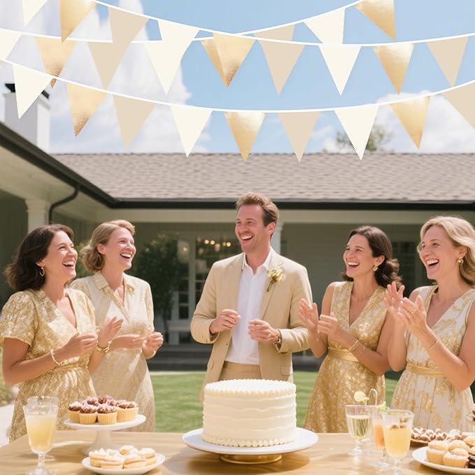 32Ft Champagne Gold Party Decorations Metallic Champagne Gold Beige Fabrci Pennant Banner Triangle Flag Garland Streamers for Birthday Anniversary Wedding Baby Bridal Shower Martini Party Supplies