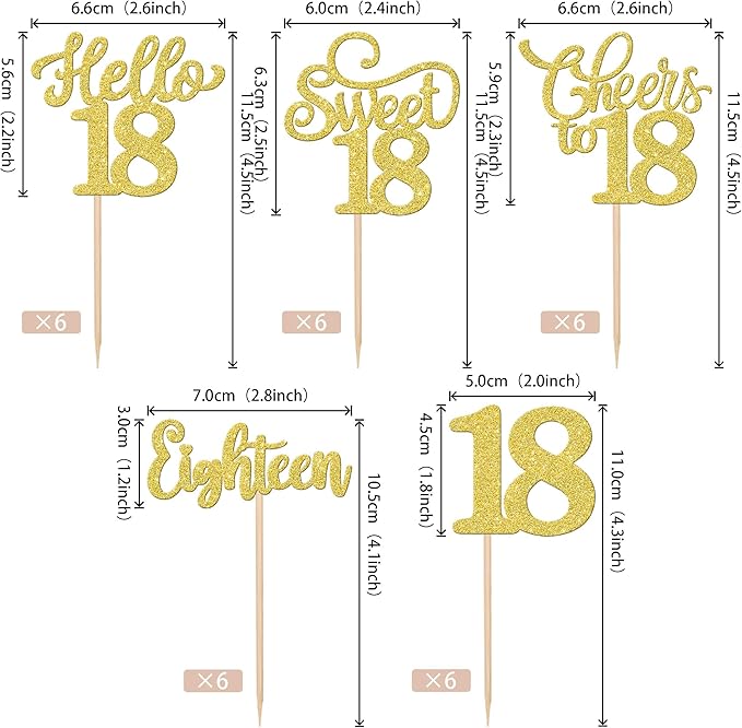 30PCS Happy 18th Birthday Cupcake Toppers Glitter Eighten Sweet 18 Hello 18 Cupcake Picks Cheers to 18 Birthday Decorations for 18th Birthday Anniversary Party Cake Decoration Supplies Gold