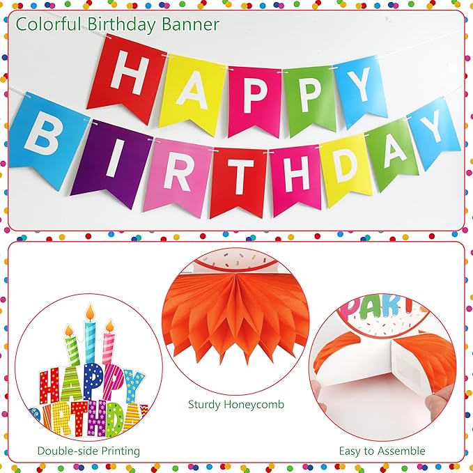 103 Pcs Colorful Birthday Decorations for Boys and Girls, Rainbow Party Decorations with Happy Birthday Backdrop Banner Tablecloth Balloon Arch Kit Centerpieces & Fringe Curtains