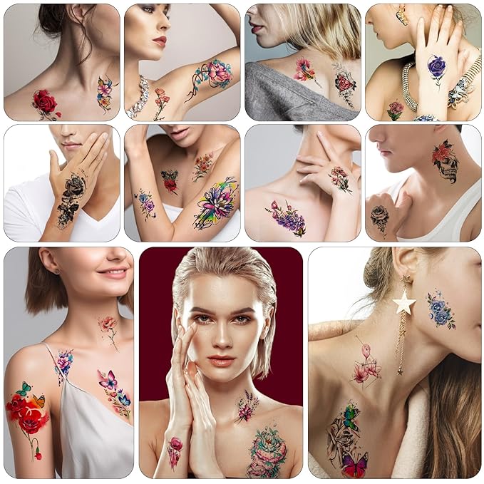 77 Sheets Temporary Tattoo, 17 Sheets Half Arm Flower Rose Skull Butterfly Snake Fake Tattoos for Adults, 60 Sheets Tiny Waterproof Temporary Tattoos Body Art Sticker Realistic for Women Girls or Kids