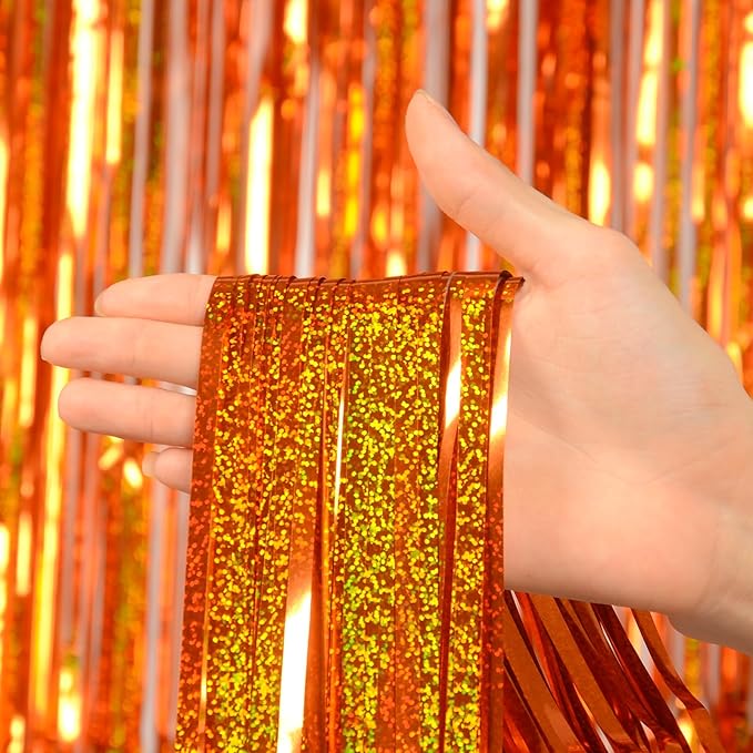 Melsan Orange Tinsel Backdrop Curtains, 3.2ft x 8.2ft Sparkle Metallic Foil Fringe Curtain for Basketball Thanksgiving Halloween Birthday Party Decorations, 2 Packs