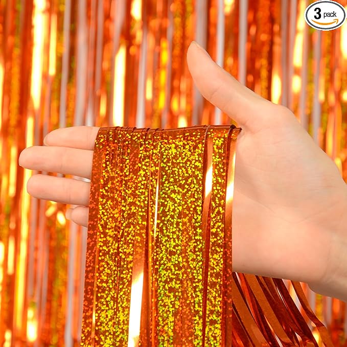 Reusable Foil Fringe Curtains Thanksgiving Decorations - Melsan 3 Pack 3.2 x 8.2 ft Tinsel Curtain Party Photo Backdrop for Birthday Party Baby Shower or Graduation Decorations (Orange)