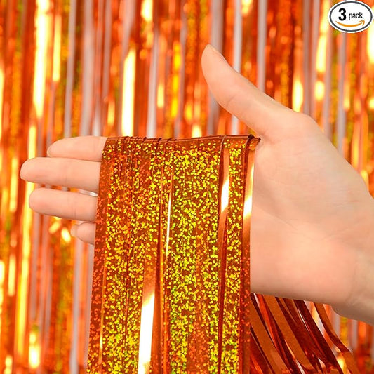 Reusable Foil Fringe Curtains Thanksgiving Decorations - Melsan 3 Pack 3.2 x 8.2 ft Tinsel Curtain Party Photo Backdrop for Birthday Party Baby Shower or Graduation Decorations (Orange)