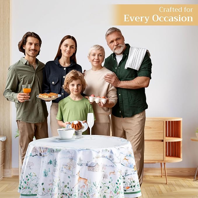 Maison d' Hermine Table Cloth Round Table 100% Cotton 63 Inches Fall Tablecloth Reusable Everyday Use for Thanksgiving Christmas Decorations Dining Farmhouse Party (Snowy World)