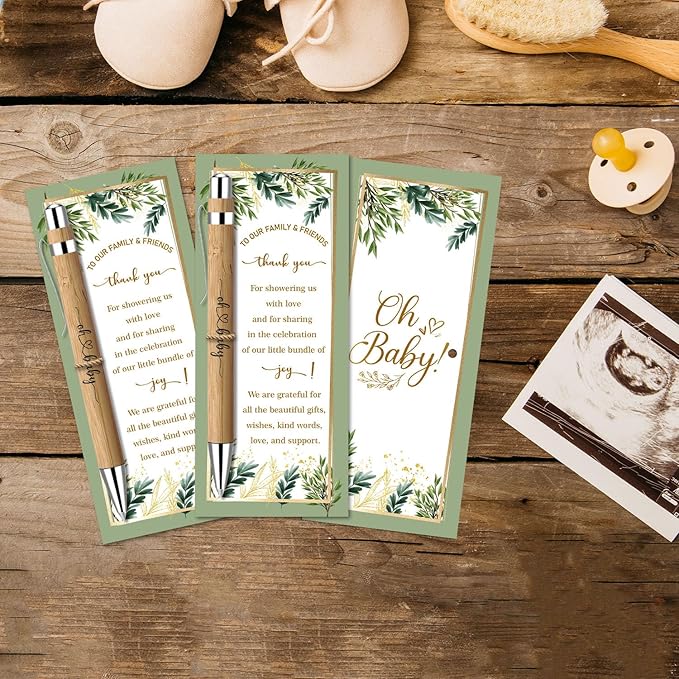 Toerifer 30 Pcs Woodland Set, Baby Shower Favors for 30 Guests, Baby Shower Sets, Included Bamboo Pens, Greeting Cards, Gender Reveal Souvenirs, Eucalyptus Decor