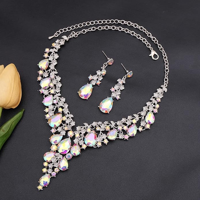CSY Elegant Crystal Costume Jewelry Sets Flower Bridal Necklace Earrings Stretch Bangle Set for Bride Bridesmaid Wedding Dress Accessories