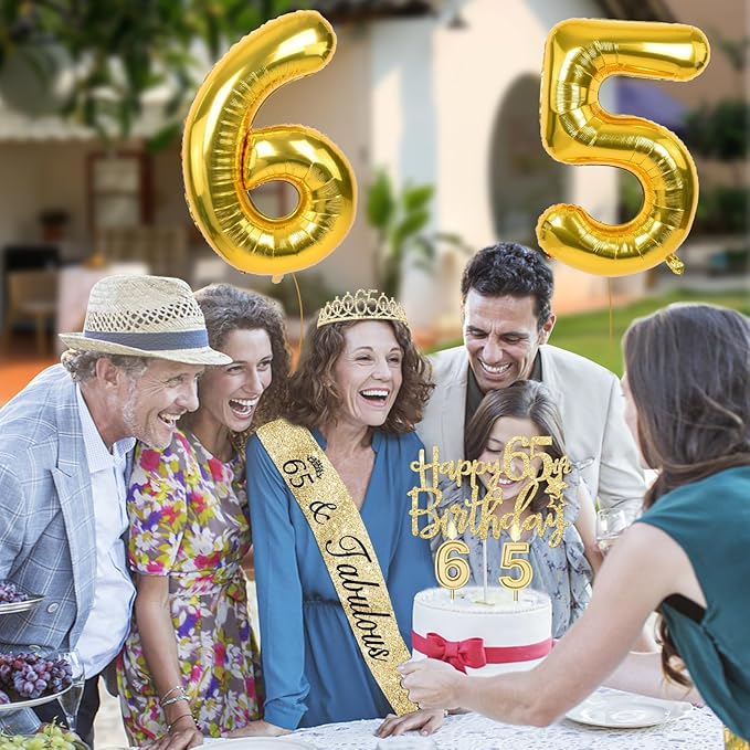 65th Birthday Decorations for Women with Tiara and Sash, Candles and Cake Topper, Number Balloons, 65th Birthday Gifts for Women