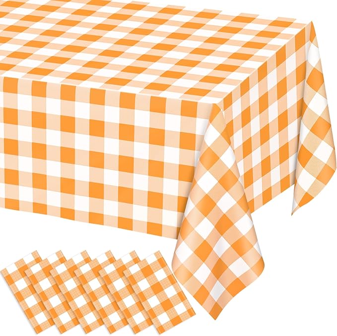 WNINK 6 Pack Orange and White Checkered Rectangular Plastic Tablecloths, Orange Gingham Waterproof Disposable Table Covers 54" x 108" for Birthday, Wedding, Outdoor Picnic Camping Parties