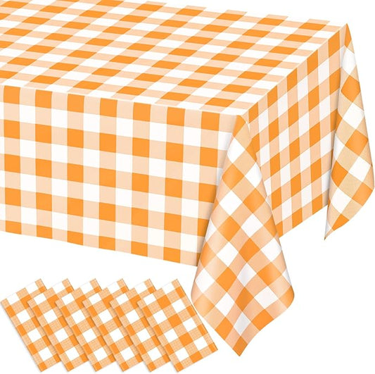 WNINK 6 Pack Orange and White Checkered Rectangular Plastic Tablecloths, Orange Gingham Waterproof Disposable Table Covers 54" x 108" for Birthday, Wedding, Outdoor Picnic Camping Parties