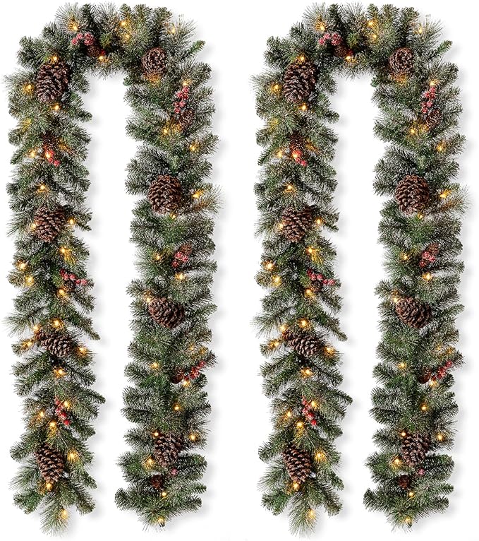 Glitzhome 2PK 9ft Prelit Christmas Garlands, Glittered Greenery Garlands Artificial Pine Garlands with Pine Cones Berries, Christmas Garland with Lights for Mantle, Fireplace, Stairs Decorations