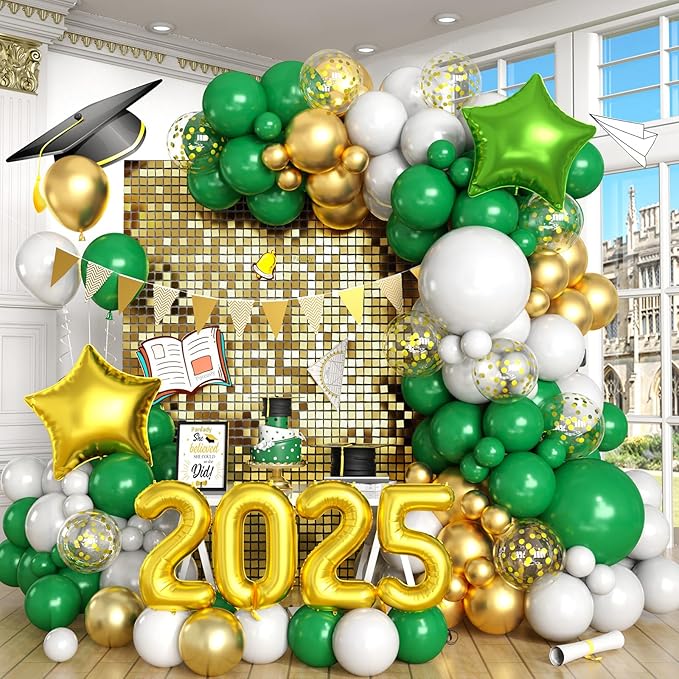 Green Gold White Balloons Arch Kit with Star Balloon Pennant Flag Bunting 2025 Foil Balloon Banner Green Gold Confetti Balloons Garland for Class of 2025 Graduation Theme Birthday Party Supplies