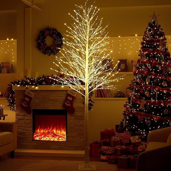 Baquler 1 Pack Lighted Birch Tree - Large Christmas Warm-White LED 8 Mode Light Birch Tree Decoration Set for Thanksgiving Holiday Fall Winter Party Decor, Indoor & Outdoor (9.2 ft)