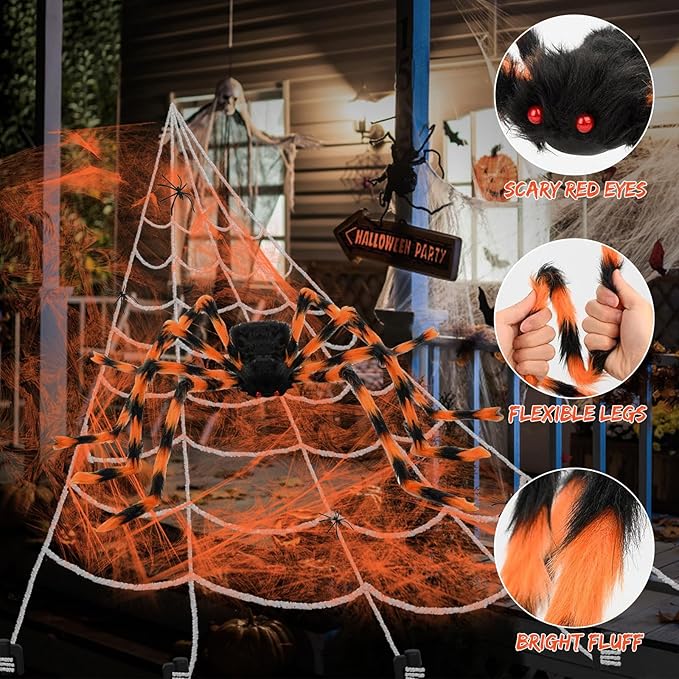 200" Halloween Spider Web + 59" Giant Spider Decorations, Triangular Huge Spiders Web and Hairy Scary Fake Spider, for Indoor Outdoor Porch Yard, Scary Haunted House Party, and Halloween Décor