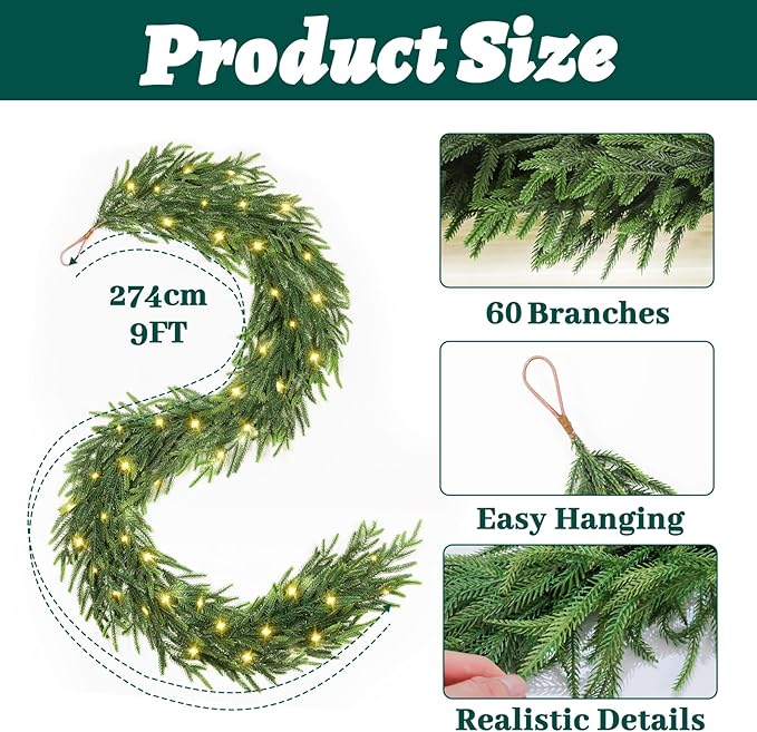 9FT Pre-lit Christmas Garland, Real Touch Lighted Norfolk Pine Garlands, Battery Operated 50LED Garland, 8 Lighting Modes & Timer, Multi-Color & WW Waterproof String Lights Included