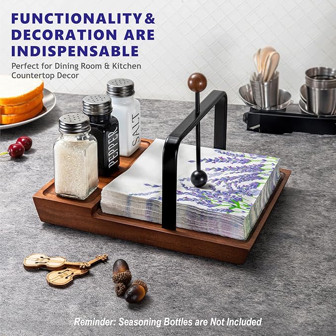Wooden Napkin Holder – Multifunctional Napkin Holder for Table & Kitchen, Includes Space for Condiments – Perfect for Home, Kitchen, and Holiday Gatherings