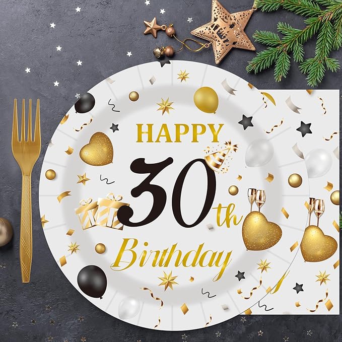 75PCS 30th Birthday Plates and Napkins Party Decorations, 7 Inch Premium Grey and Gold Happy Birthday Plates and Napkins Disposable Tableware Set 30 Year Old Birthday's Party Decor Women Men Her Him