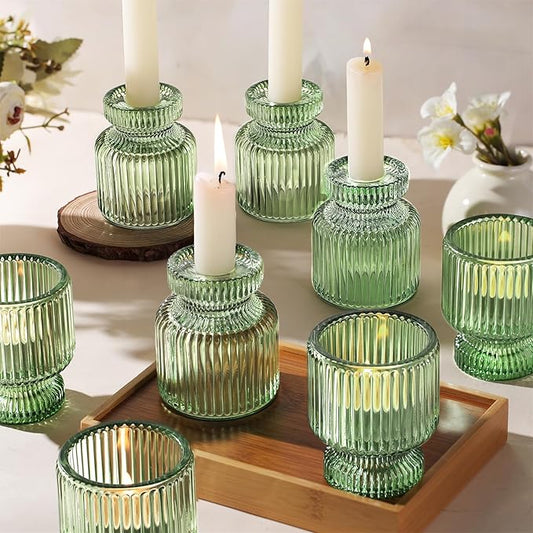 DARJEN 12 Pcs Glass Candlestick Holders- Green Taper Candlestick Holders Tealight Votive Candle Holders for Table Centerpieces, Wedding, Dinner Party, Home Decor