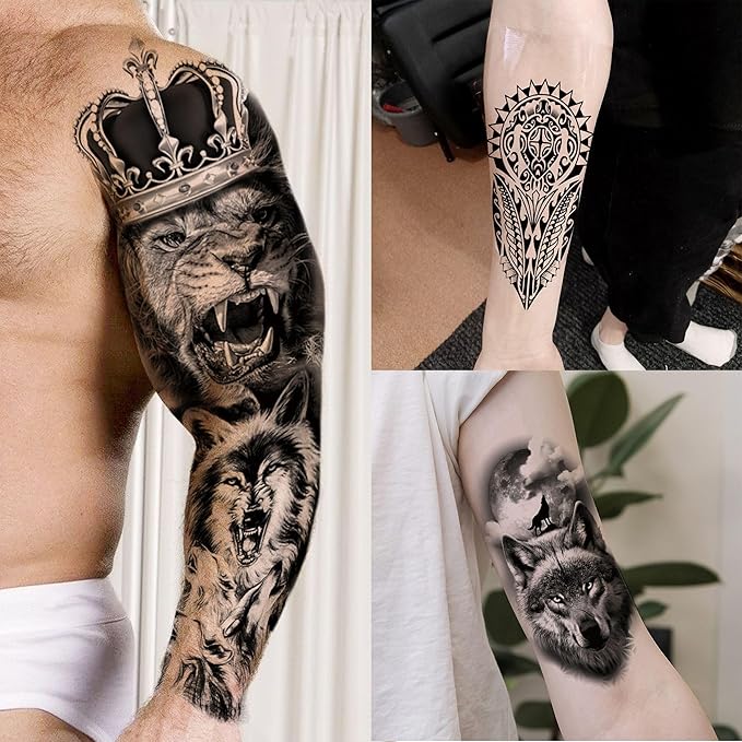 20 Sheets Cool Lion Full Arm Temporary Tattoos For Men Adults Thigh, Wolf Tiger Warrior Maori Totem Fake Sleeve Tattoos For Women, 3D Bulk Black Tribal Clock Halloween Tattoo Stickers