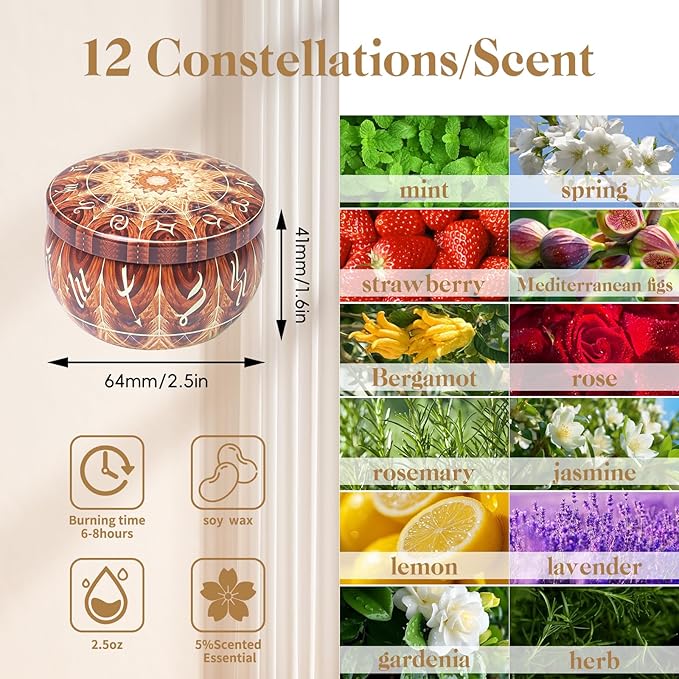 12 Constellation Scented Candles Gift Sets | Soy Wax Travel Tins Candles with Essential Oils |12 Scents Aromatherapy Relaxation Jar Candles for Home | Birthday, Christmas Gift Set for Women/Men