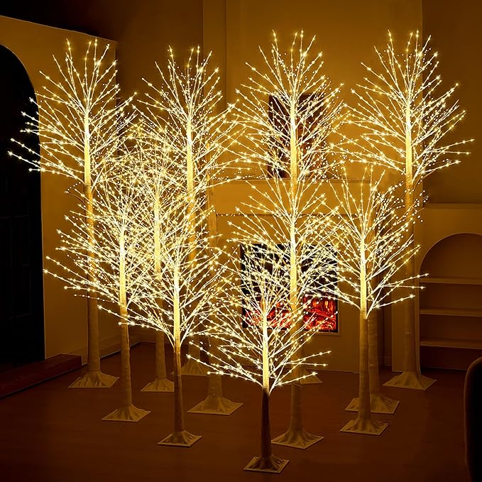 Baquler 12 Pack Lighted Birch Tree - Large Christmas Warm-White LED 8 Mode Light Birch Tree Decoration Set for Thanksgiving Holiday Fall Winter Party Decor, Indoor & Outdoor (4 6 8 ft)